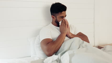 Sick,-covid-and-bed-with-a-man-sneezing