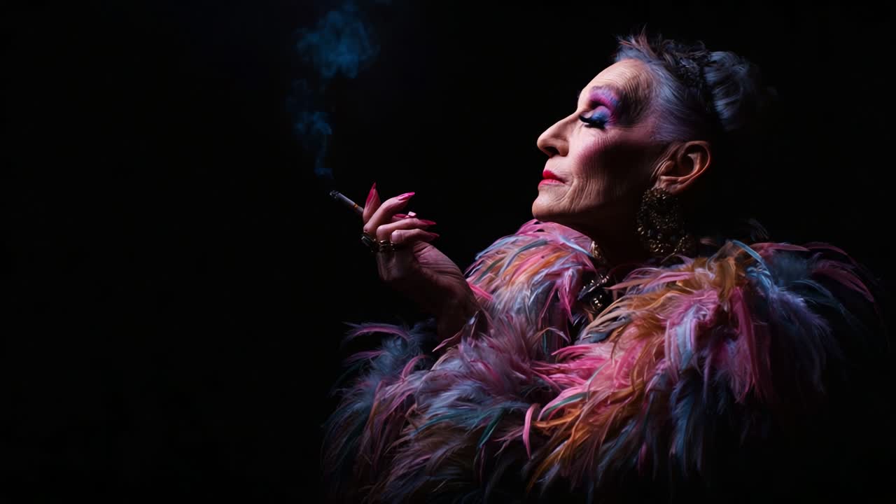 A Captivating Portrait of an Elegant Individual in a Colorful Feathered Shawl, Exuding Confidence and Style as They Enjoy a Moment of Reflection with a Cigarette in Hand Against a Dark Background