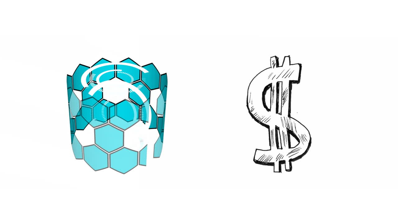 Animasi digital bentuk heksagonal berputar dan simbol dolar dengan latar belakang putih.
