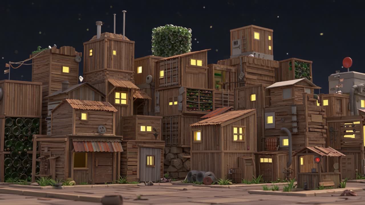 A Panoramic View of a Charming, Whimsical Village Crafted from Wooden Structures Under a Starry Night Sky, Highlighting Unique Architectural Features and Cozy Details