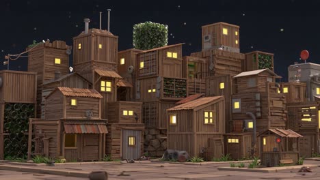 a panoramic view of a charming, whimsical village crafted from wooden structures under a starry night sky, highlighting unique architectural features and cozy details
