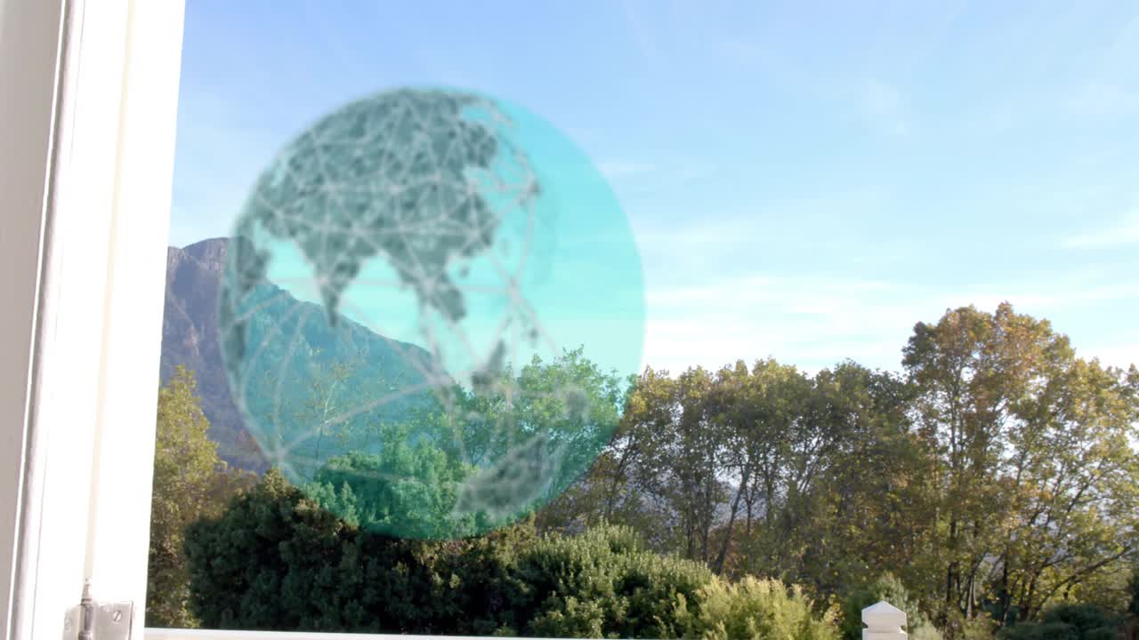 Holographic globe appearing after glass door opens, expanding while collecting and analysing data