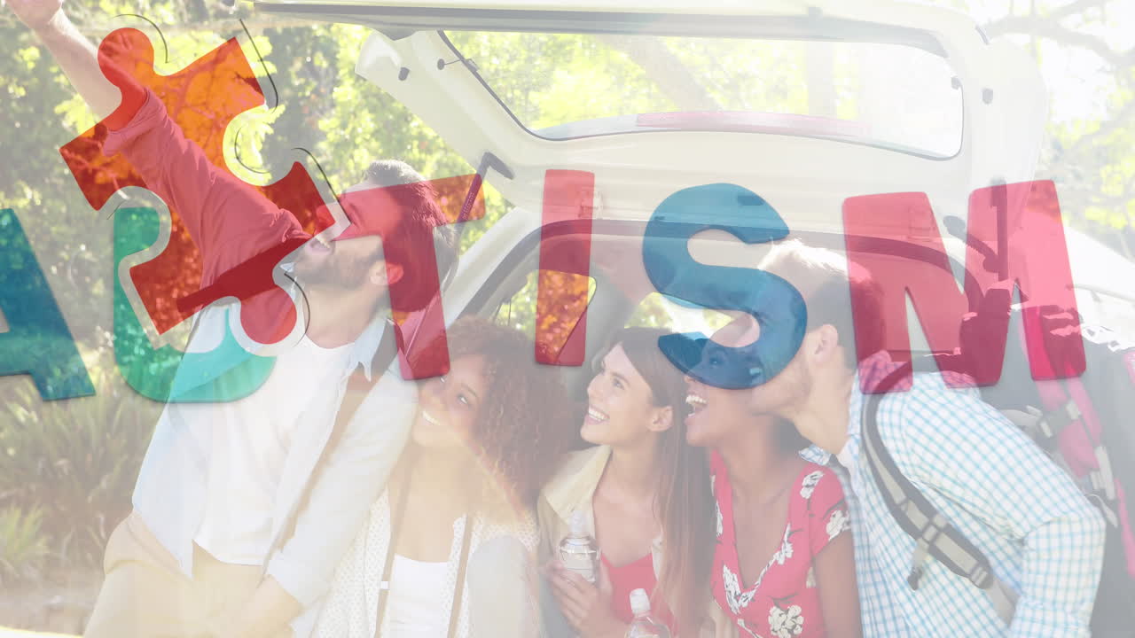 퍼즐과 자폐증 텍스트의 애니메이션 행복한 다양한 친구