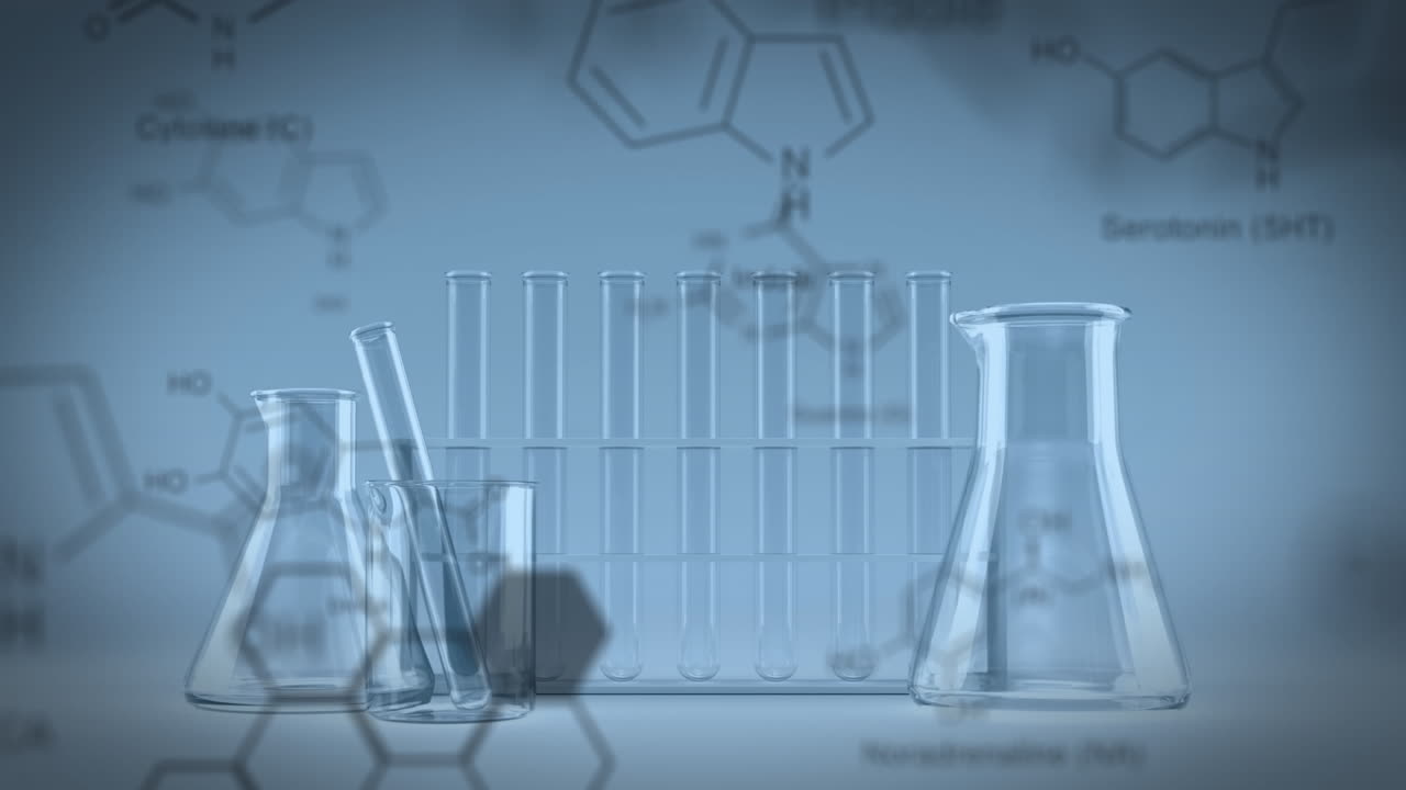Animation of chemical compound structures against laboratory beakers and test tubes