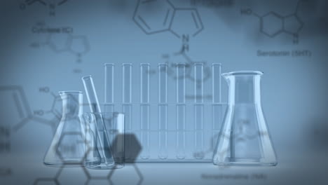 animación de estructuras de compuestos químicos contra vasos de laboratorio y tubos de ensayo