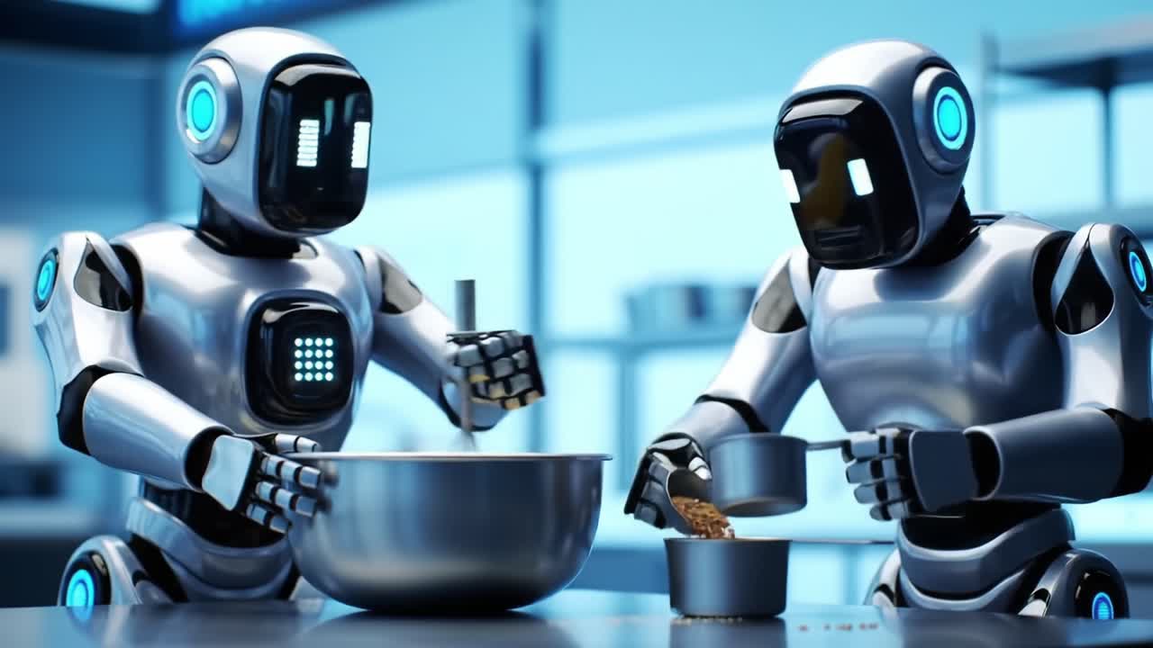 Robotic Chefs Collaborating in a High-Tech Kitchen: Two Futuristic Robots Preparing Food with Advanced Cooking Techniques and Cutting-Edge Technology