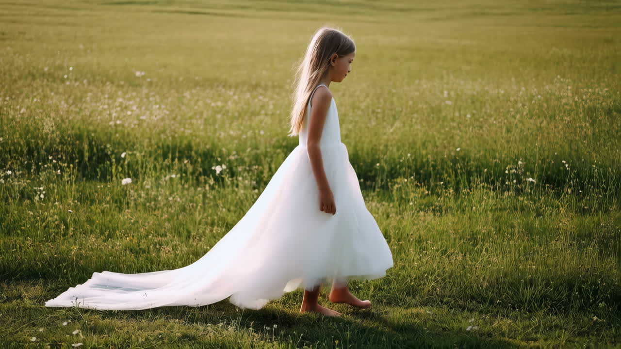 Ragazza in vestito bianco in un campo