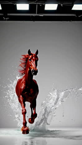 red horse running through water splash