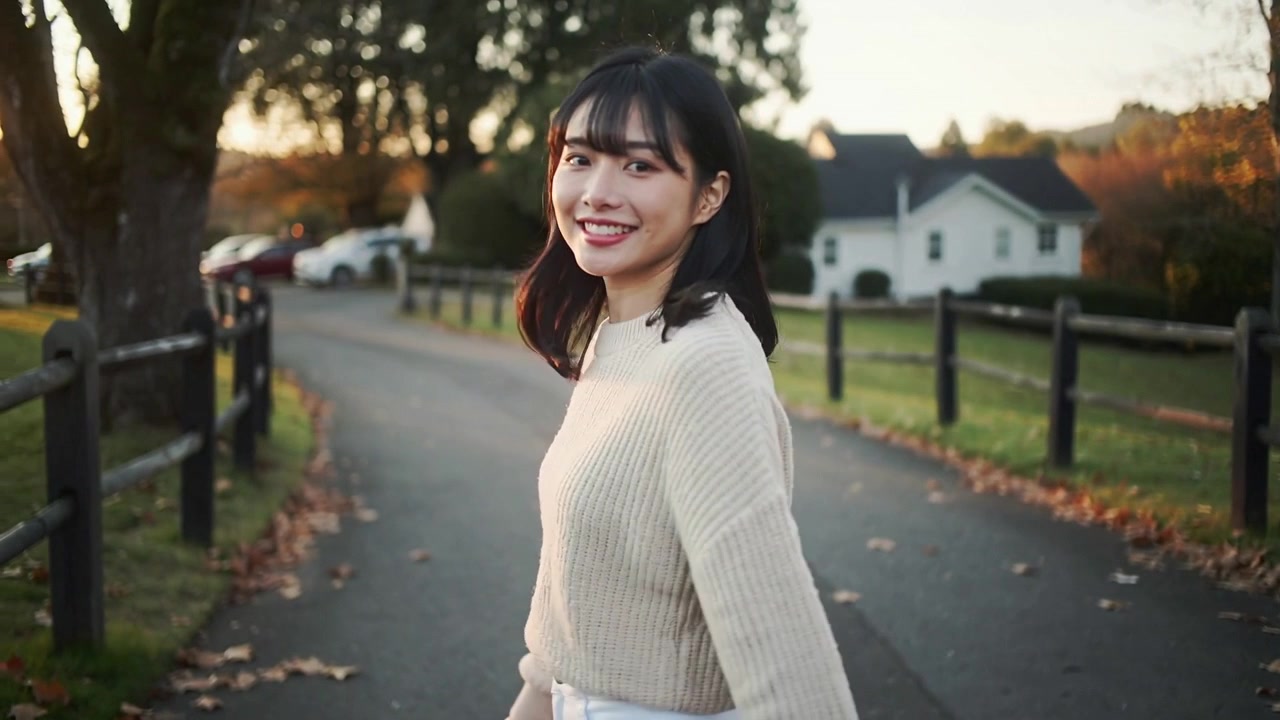 ベージュの服を着た女性が住宅街の小道で歩みを緩め、カメラが近づくにつれて振り返っている。フェンス。
