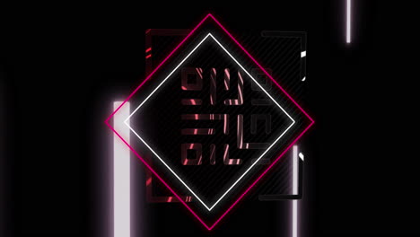 animación de un código qr brillante sobre formas geométricas de neón
