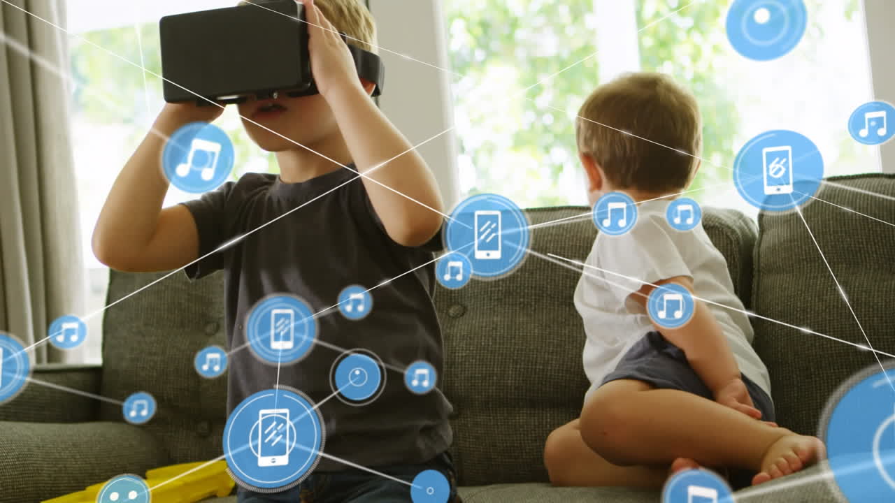 vr 헤드 ⁇ 을 사용하는 백인 소년에 대한 연결 네트워크의 애니메이션