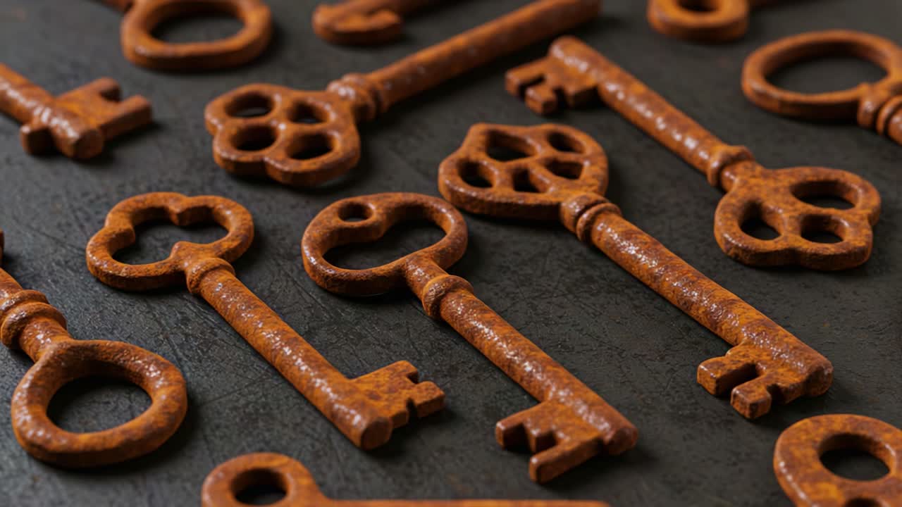 A Collection of Vintage Keys with Distinctive Designs Highlighting Their Intricate Patterns and Textures Displayed on a Dark Surface