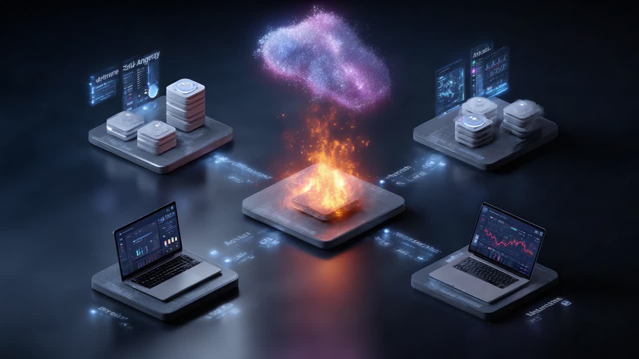 Dynamic Representation of Data Interaction: A Visual Journey Through Cloud Computing, Data Analysis, and Fire Dynamics in a Digital Landscape