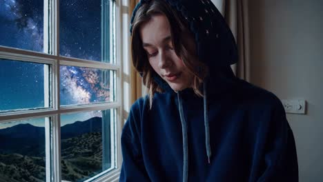 mujer mirando por una ventana a una vista del cielo nocturno