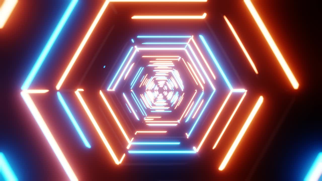 sfondo al neon astratto. volare attraverso il corridoio di esagoni. animazione 4k senza soluzione di continuità.