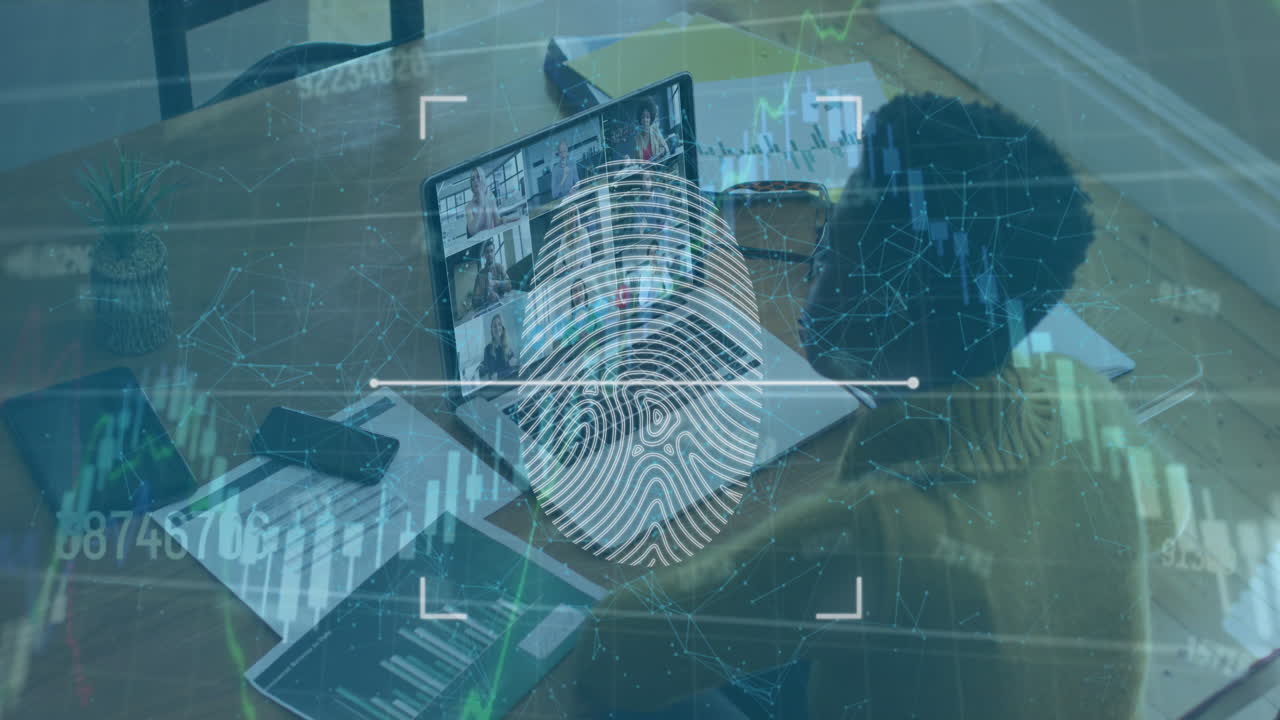 Animation of data processing and security fingerprint over woman using laptop