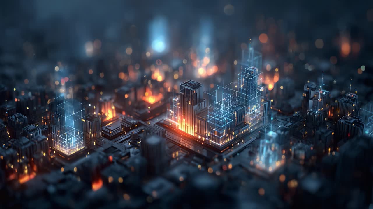 Futuristic Cityscape Transformation: A Dynamic Visual Transition through High-Tech Illumination and Urban Architecture in an Abstract Digital Realm