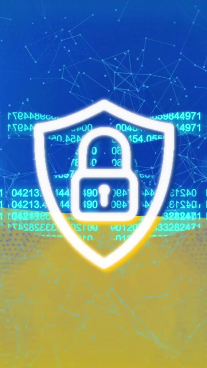 Animazione di blockchain e scudo con lucchetto sulla bandiera dell'Ucraina