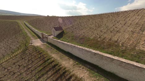 Una-Vista-Aérea-En-órbita-Dinámica-De-Una-Casa-Y-Una-Pared-En-Los-Viñedos-De-Chablis,-Francia