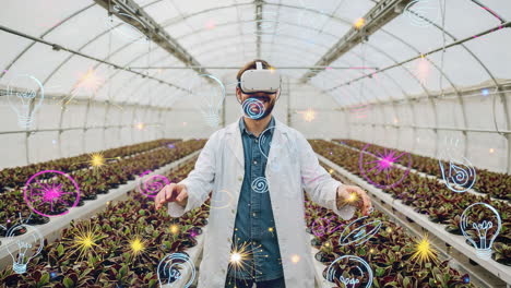a man wearing a vr headset interacts with a virtual interface in a futuristic greenhouse