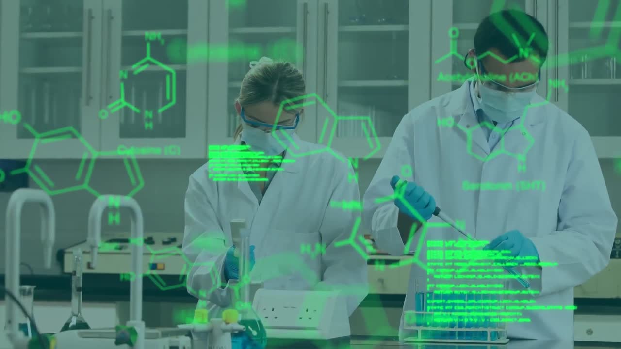 animación del procesamiento de datos médicos sobre diversos científicos masculinos y femeninos que trabajan en el laboratorio