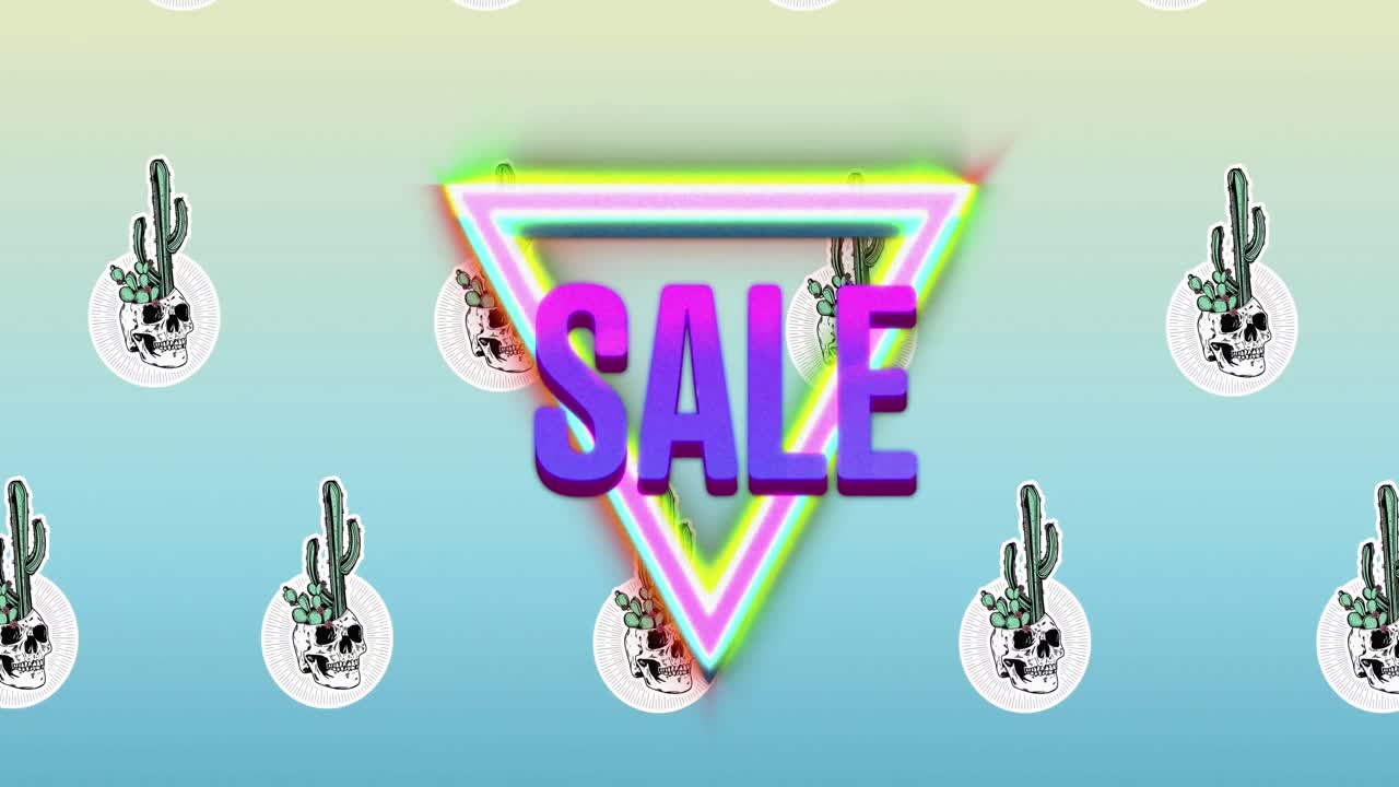 파란색 배경에 네온 삼각형과  ⁇ 티 위에 판매 텍스트의 애니메이션