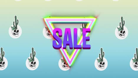Animation-of-sale-text-over-neon-triangle-and-cacti-on-blue-background