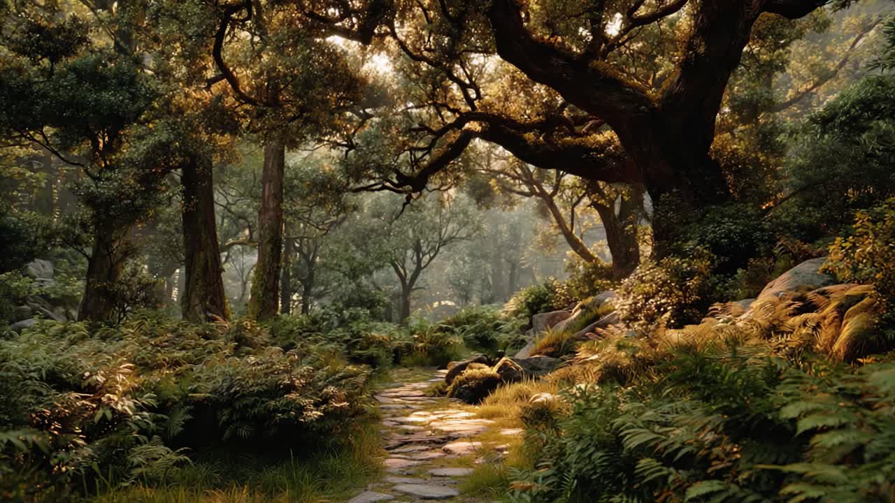 Enchanting Path Through a Lush Forest, Bathed in Soft Light, Inviting Wanderers to Explore Nature's Serenity and Beauty in Every Frame of This Magical Landscape