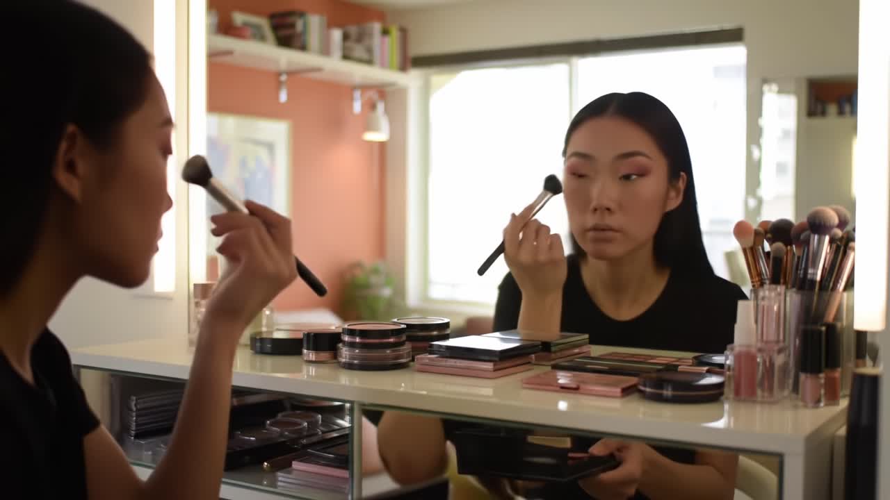 A Focused Makeup Application Session: Transforming Looks with Precision and Style at a Stylish Vanity