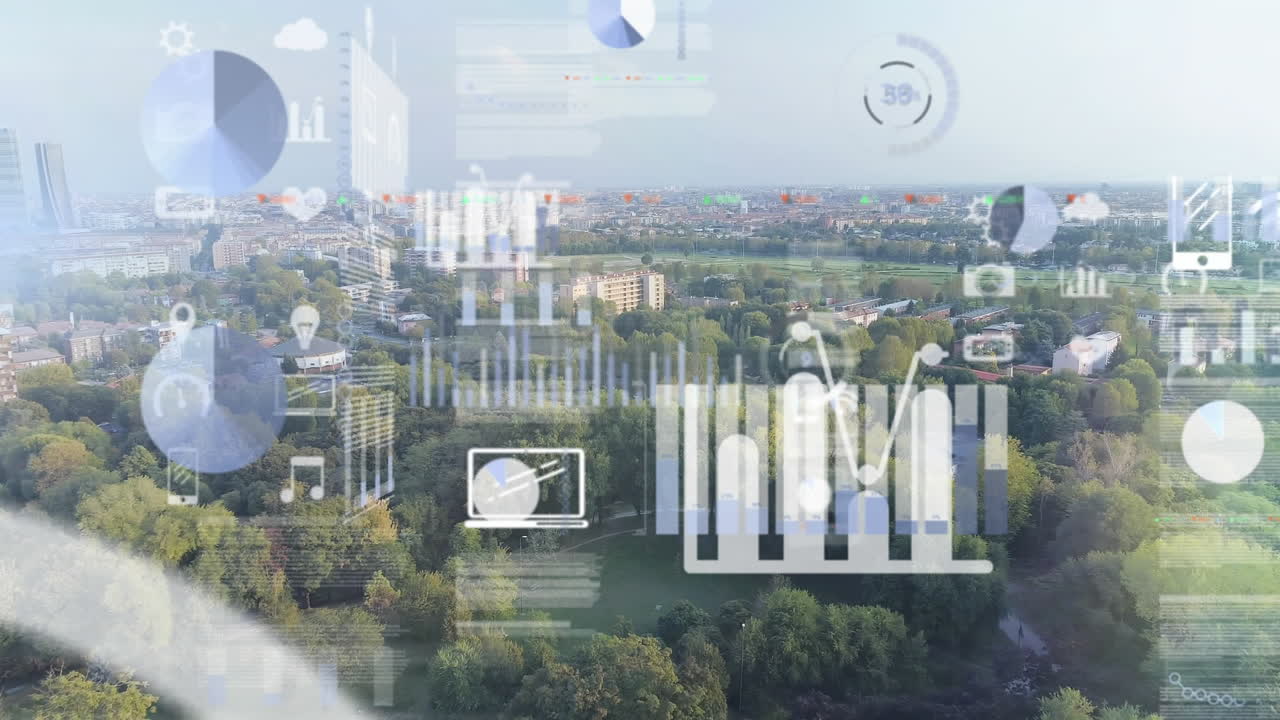 Animation of data processing in top of a city