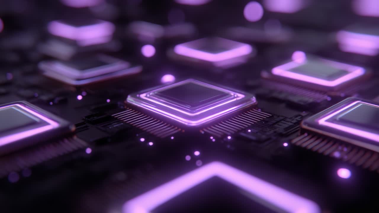 A Close-Up Look at High-Tech Circuitry with Illuminated Microchips: Exploring the Intricacies of Modern Electronics Using a Futuristic Design in a Dark Environment Highlighting Innovation