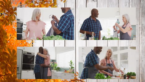 Animation of four frames with happy senior diverse couple at home cooking on leaves on wood
