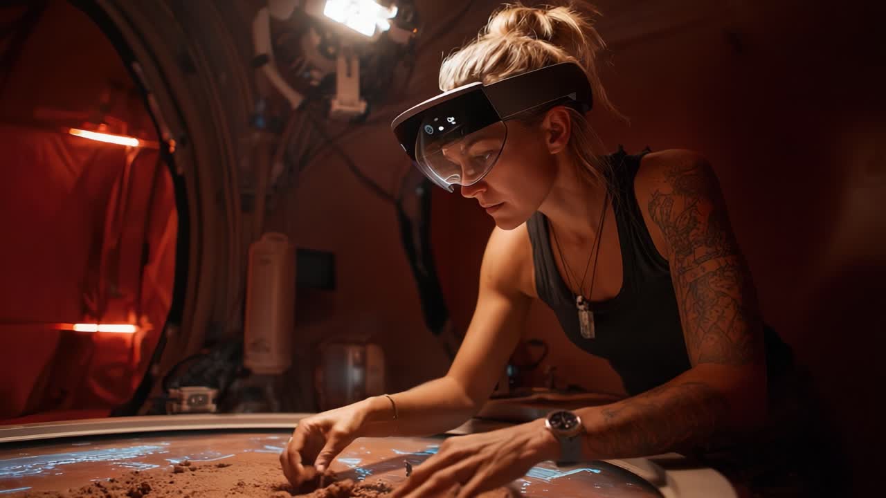 Un científico concentrado examina atentamente muestras de suelo utilizando tecnología de realidad aumentada en un centro de investigación futurista, ilustrando la convergencia de innovación y exploración en entornos extraterrestres.