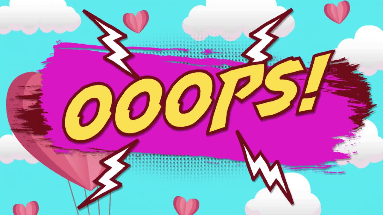 푸른 하늘에 떠다니는 심장 풍선과 선물과 함께 노란색으로 oops 단어의 애니메이션
