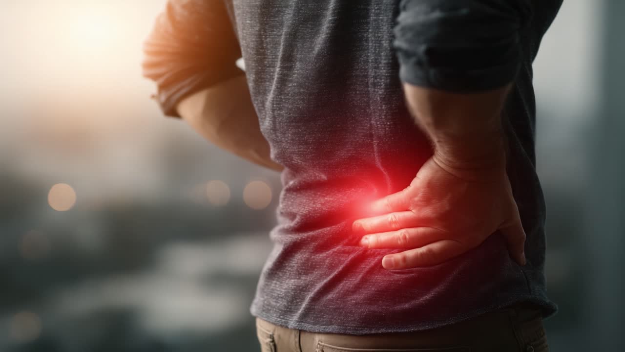 A man experiencing lower back pain stands overlooking a cityscape, indicating discomfort in the lumbar region with a focused expression as light glows behind him