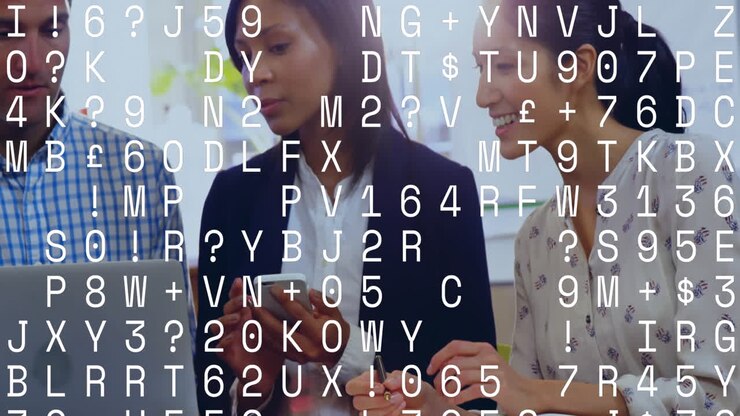 Animation of data processing against diverse colleagues discussing together at office