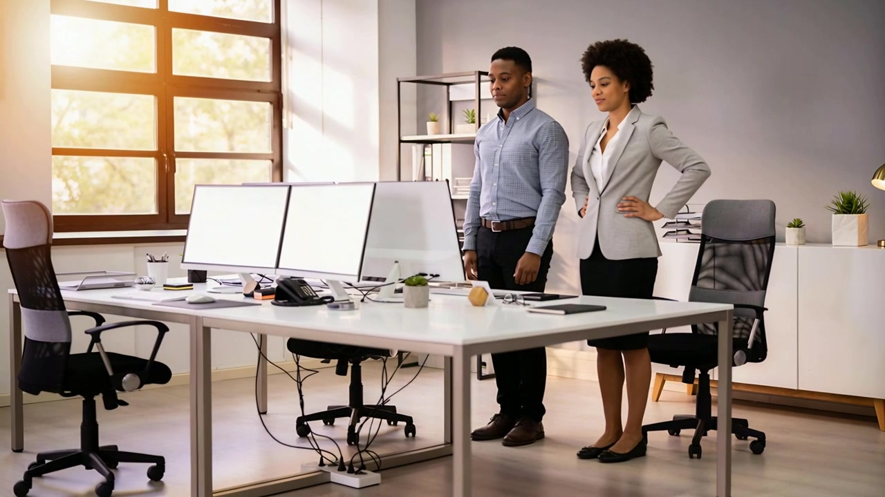Approaching colleagues in formal wear reviewing dual monitors at office, checking project documents
