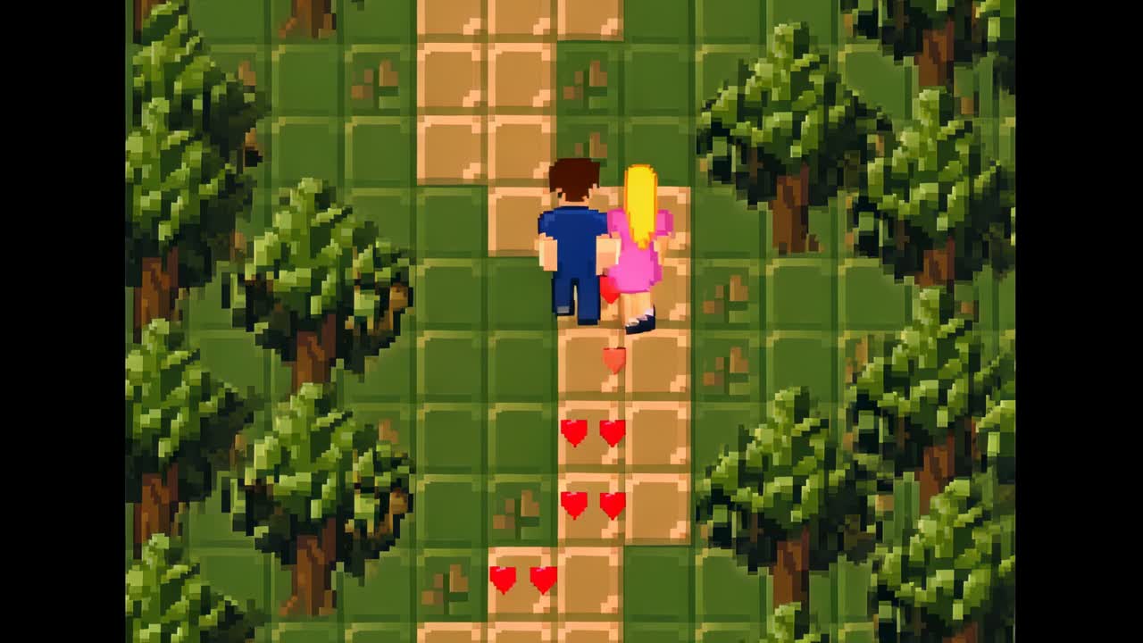 Coppia che passeggia in blu e rosa che si muove lungo un sentiero piastrellato con alberi, sequenza iniziale, che lascia cuori rossi