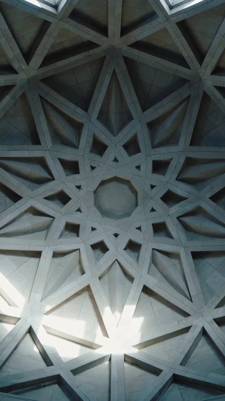 Vertical video: Entering sun via skylight in hall causing star ribs octagon dome casting shadows