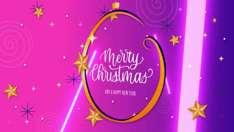 animation of merry christmas text over neon shapes and stars
