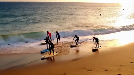group of surfers on a beach at golden hour