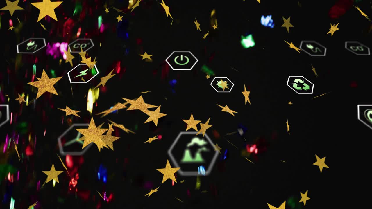 Light streaks sparking golden stars and hex icons drifting, rotating, showing energy data flow