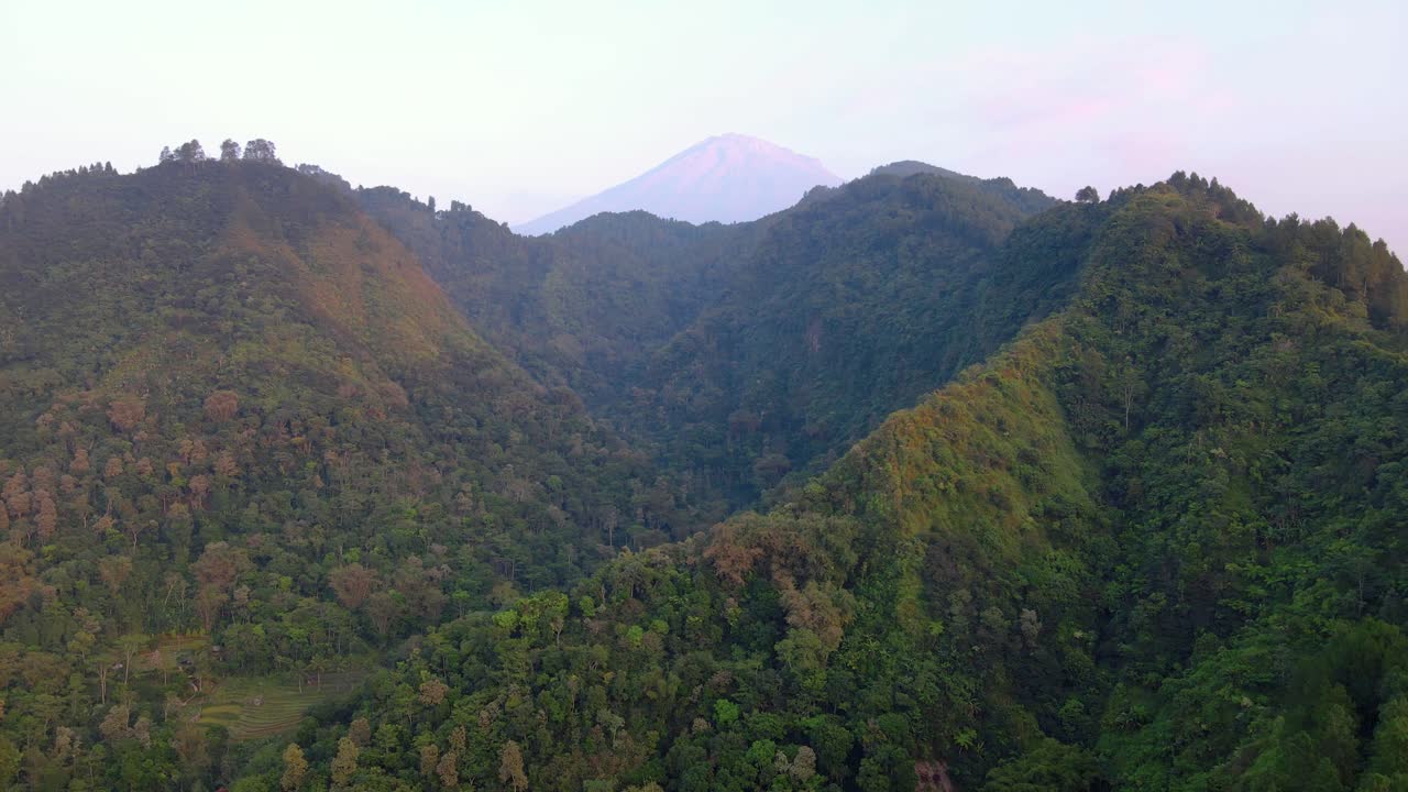 colina boscosa tropical con un gran volcán en el fondo en indonesia