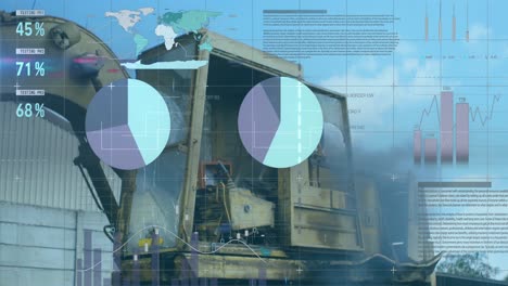 procesamiento de datos financieros contra la grúa en el sitio industrial urbano