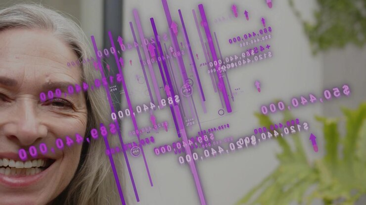 Senior woman following purple bar chart moving into frame from right, smiling at expanding data