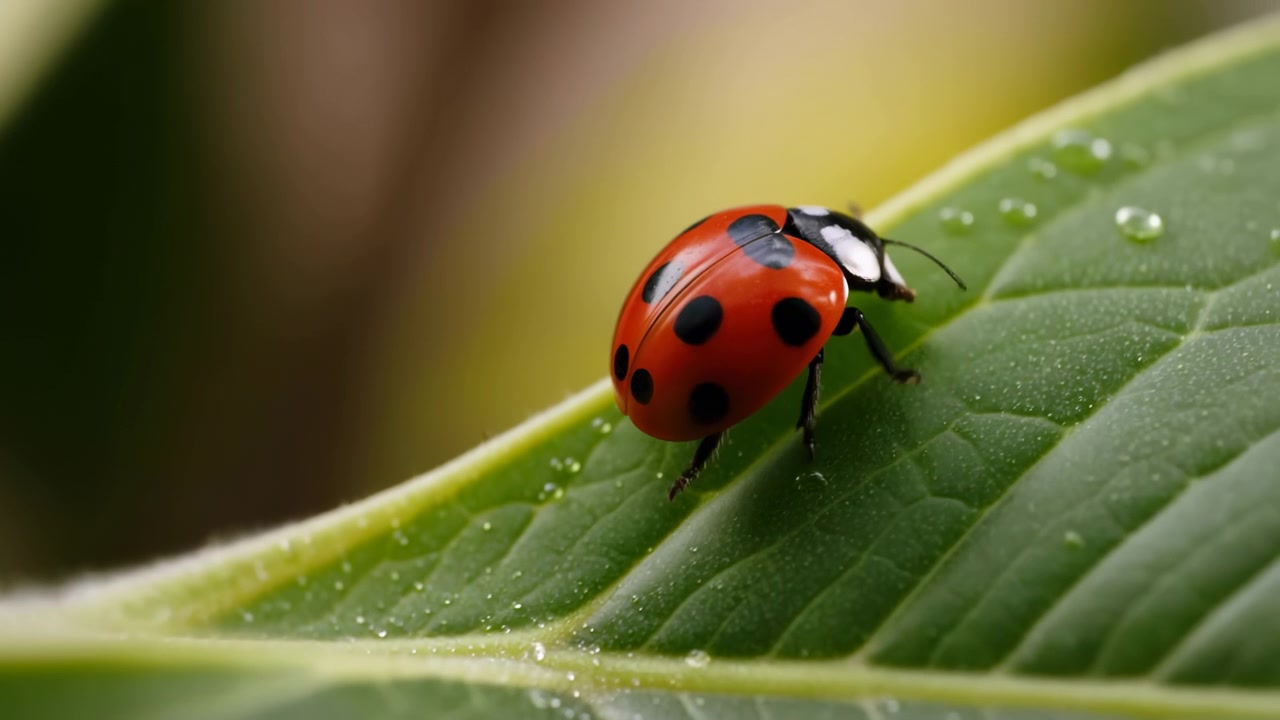 Dewy Leaf Closeup Showing Red Ladybug, Tiny Explorer Navigating Ribbed Green Surface With Sparkling Water