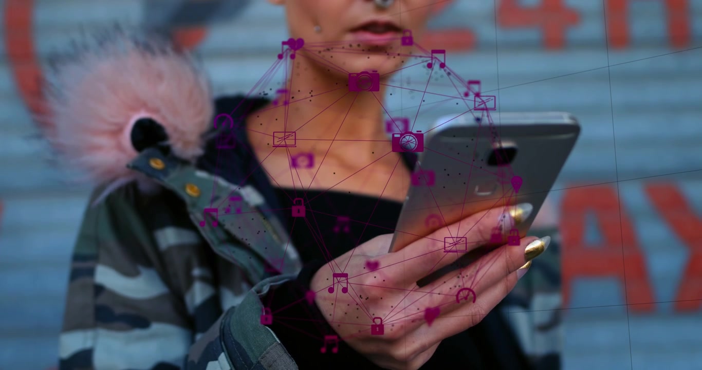 Animation of media icons floating over businessman using smartphone