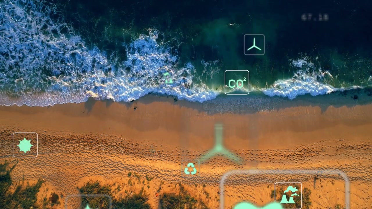 Shoreline surf advancing, HUD icons shifting and updating CO2 metrics for environmental monitoring