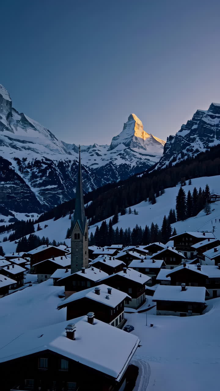 Villaggio alpino innevato con il Cervino in inverno