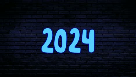 blue number 2024 neon animation motion graphics on brick wall background